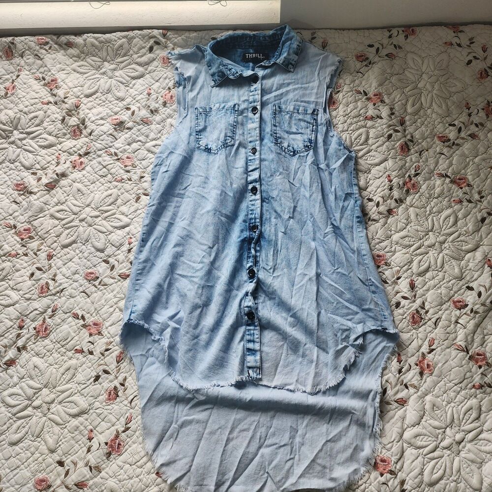 Thrill Jeans Denim Shirt Dress Womens Size M Light Wash Sleeveless High Low Hem
